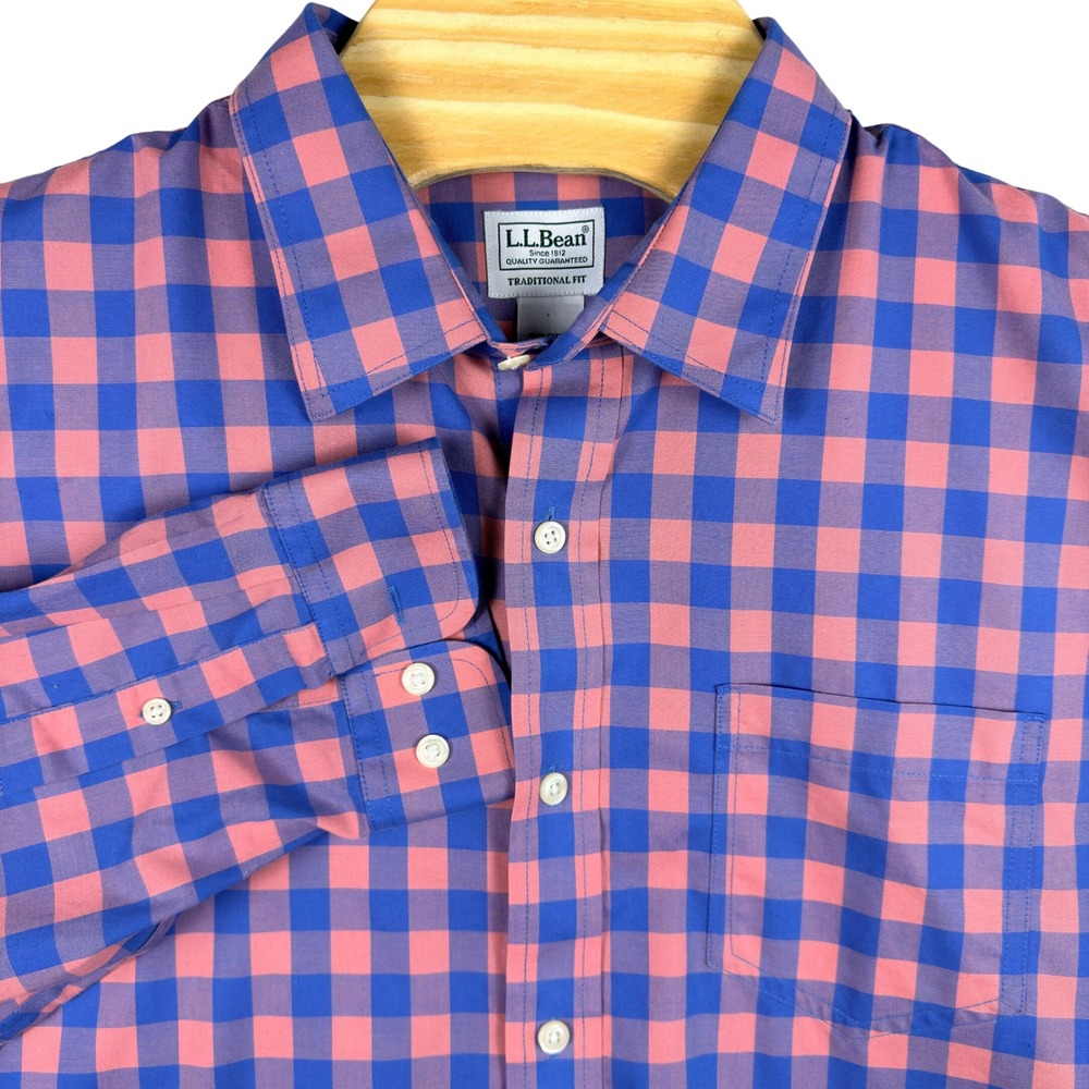 LL Bean Mens XL Traditional Fit Gingham‎ Button Down Shirt Blue Pink 519207